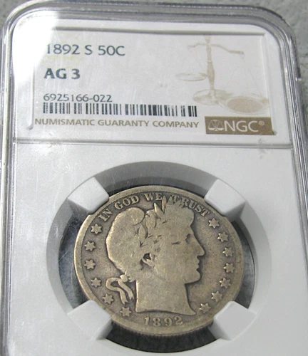 1892-S Barber Half Dollar Silver RARE  ---- NGC AG-3  Graded ---- #657C