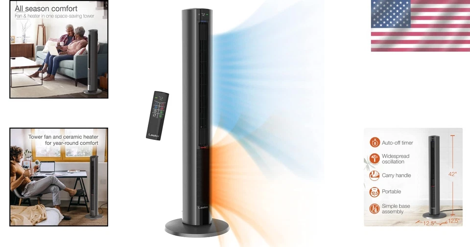 Ventilador Torre Oscilante Calentador de Espacio Toda Temporada Hogar Interior Gris Foto 2 de 4