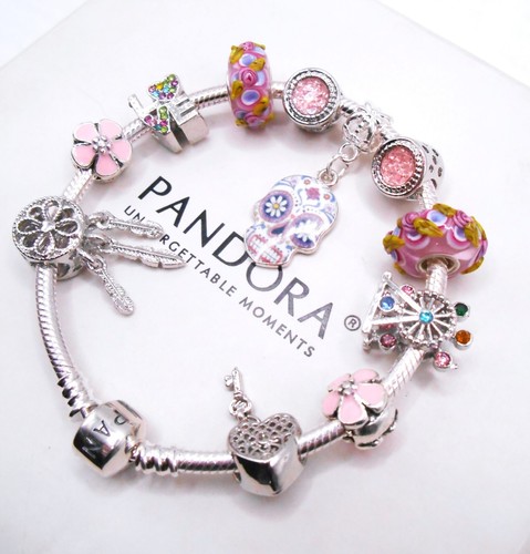 PANDORA SILVER BRACELET WITH PINK FLORAL SKULL & CZ THEMED CHARMS & GIFT BOX! - Picture 3 of 5
