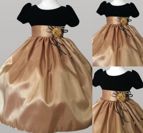 Gold Taffeta Black Cap Sleeve Holiday Girl Dress Flower Girl Bridesmaid Pageant - Picture 1 of 16