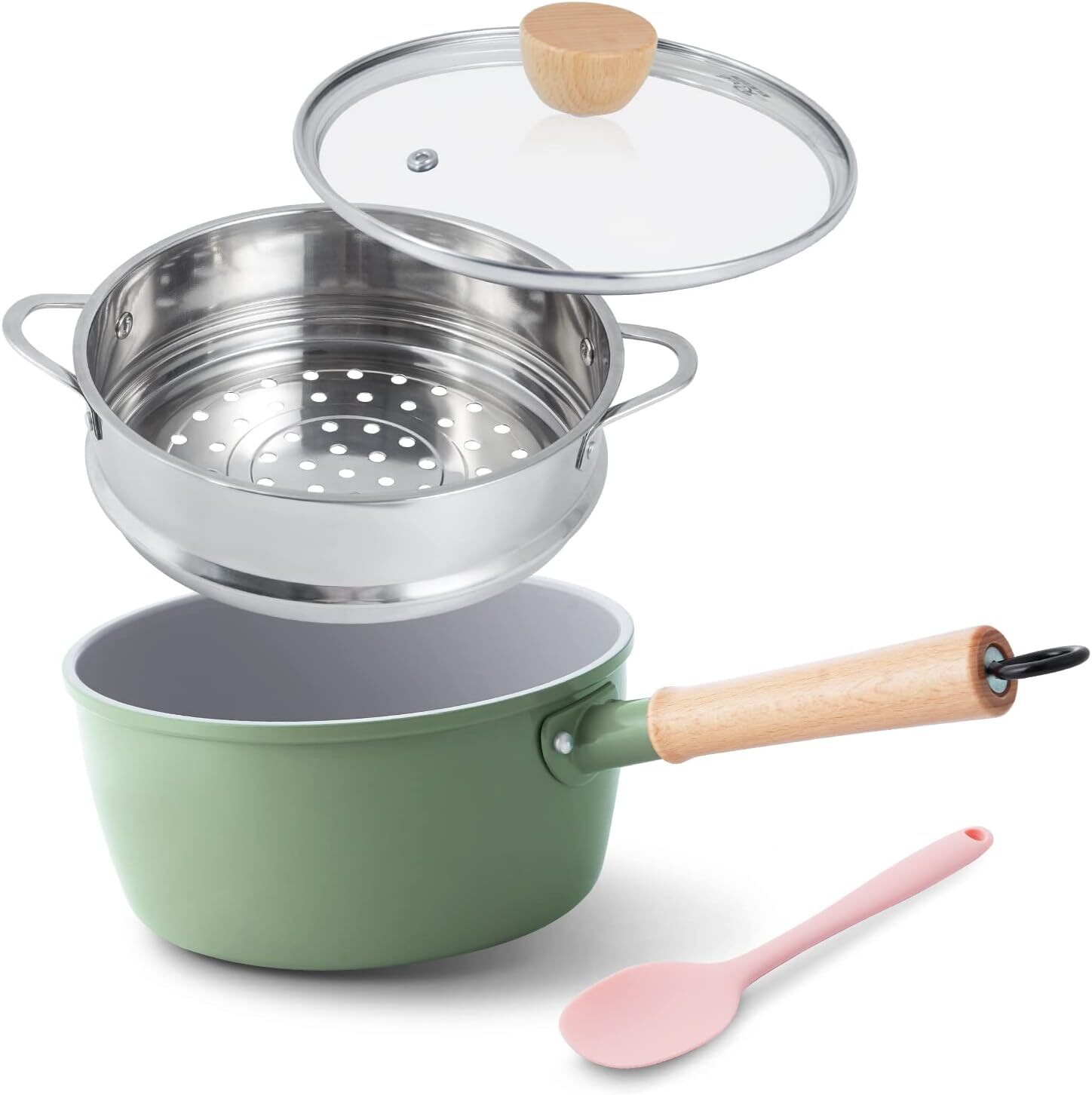 ROCKURWOK Ceramic Nonstick Sauce Pan with Lid, 2.2 2.2QT With Steamer, Green