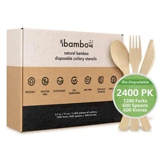 Ibambo Bamboo Utensils - 1200 Forks, 600 Spoons, 600 Knives - Dispose or Reuse