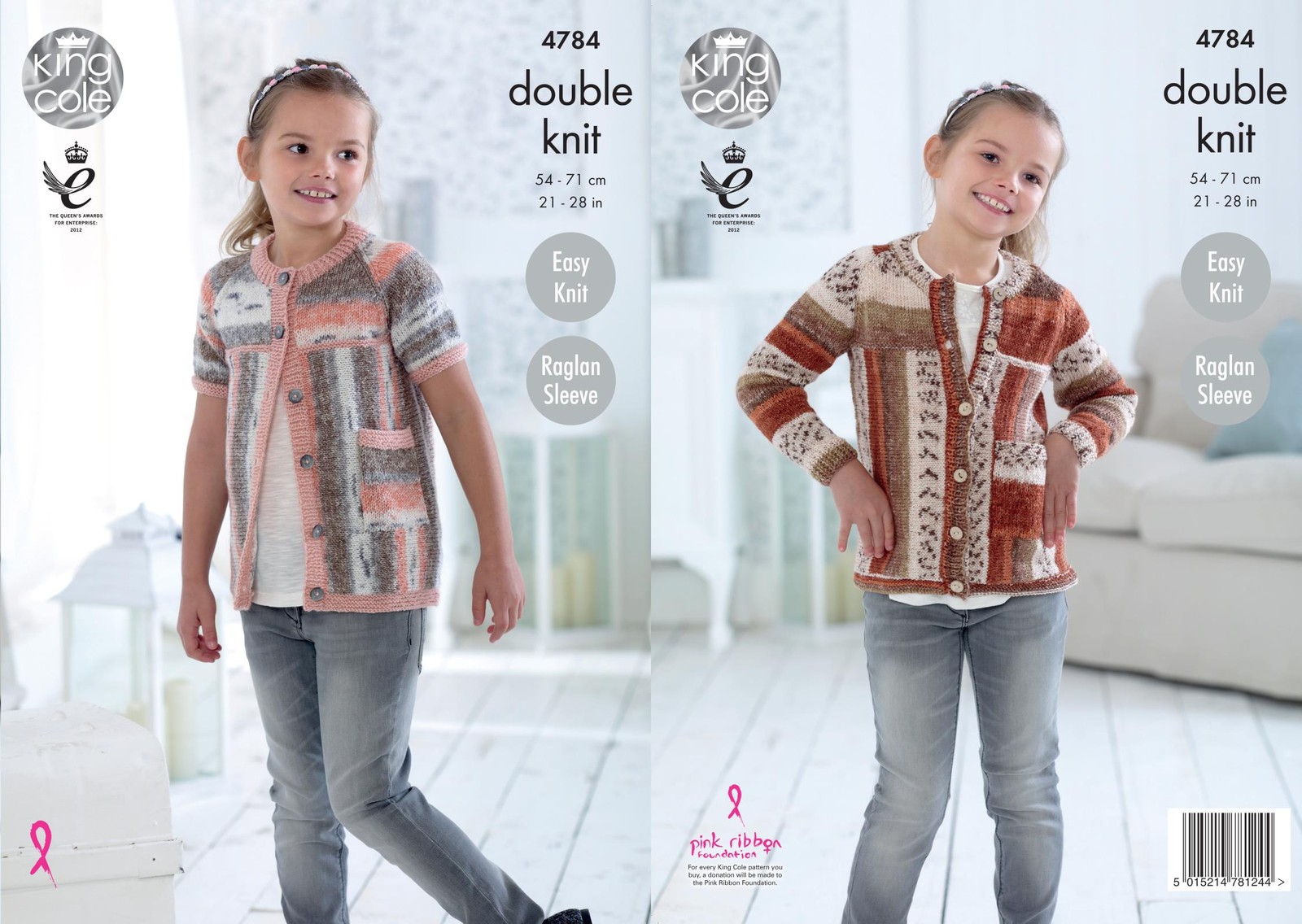 King Cole 4784 Knitting Pattern Girls Easy Knit Raglan Cardigans in King Cole DK