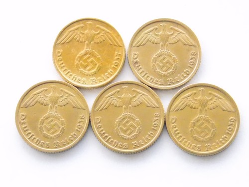Lot GERMAN 5x 10 REICHSPFENNIG Coins 1937 - 1939 Brass SWASTIKA 3RD WW2 Pfennig - Picture 2 of 3