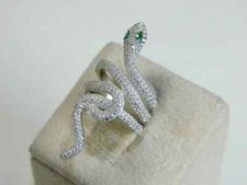 Shiny 1.80TCW Simulated White Sapphire  Snake Design Eye Green Emerald Ring