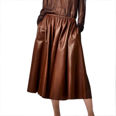 LeatherViz Brown Real Leather Flare Bottom A Line Midi Skirt, Spring Skirt  | eBay UK