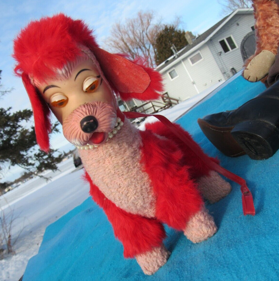VINTAGE RUBBER FACE PLUSH PINK POODLE RED FUR DOG PEARLS RUSHTON