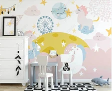 3D Unicorn Ferris Wheel Kids Self-adhesive Removeable Wallpaper Wall Mural