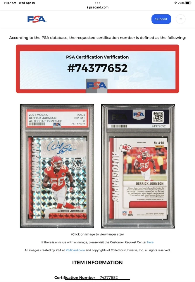🔥2021 Mosiac Autographs-Mosiac Prizm Derrick Johnson Psa 8 🔥Chiefs - Image 3 of 4
