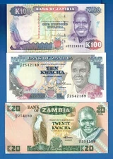 Zambia P-27 P-31 P-34 10, 20, 100 Kwacha Uncirculated Banknotes SET # 5