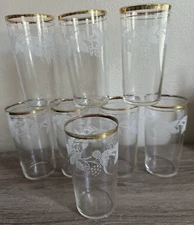 VINTAGE Set of 8 Bartlett Collins Frosted Grape Vine Gold Trim 10 oz Glasses