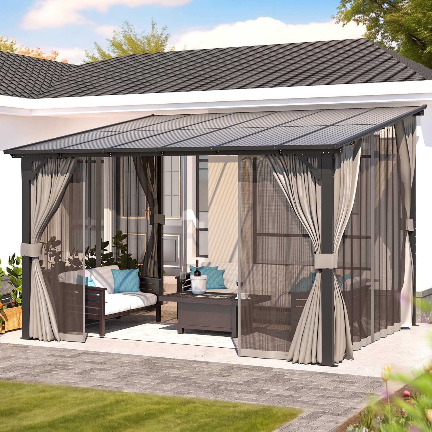 Large Wall-Mounted Lean to Gazebo Pergola with Curtains and 