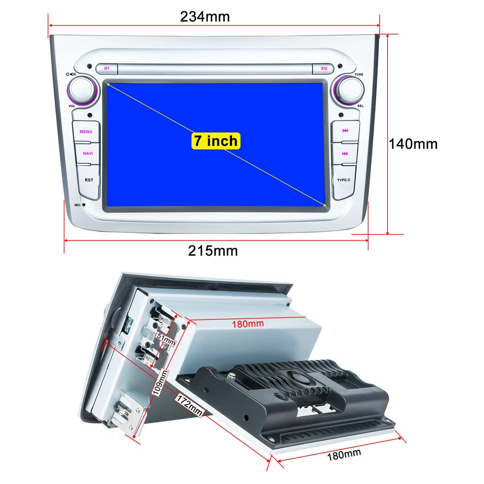 7" Android Autoradio GPS Wireless CarPlay Stereo Per Alfa Romeo Mito 2008-2013 - Immagine 2 di 4