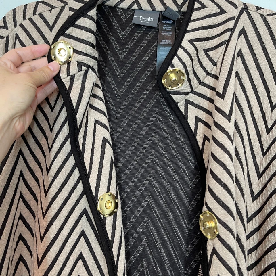 Chico's Travelers Women’s S/M Chevron Jacquard Poncho Jacket Tan Snap Front - Image 4 of 4