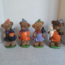 Halloween Bear Figurines Lot Of 4 With Jack-O-Lantern Pumpkin Ghost Cat 5" Tall