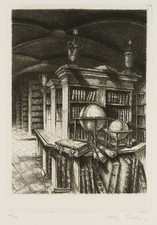R. ESCHER (*1936), Büchertisch im Kloster Lilienfeld,  2005, Rad. Surrealismus