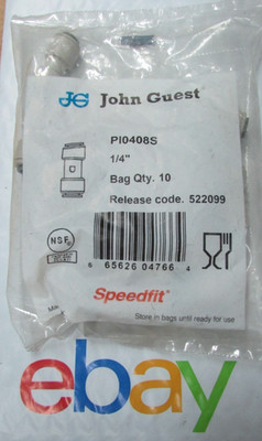 John Guest  Connector Push Fit Fittings, 1/4'' PI0408S-US QTY 10 PK