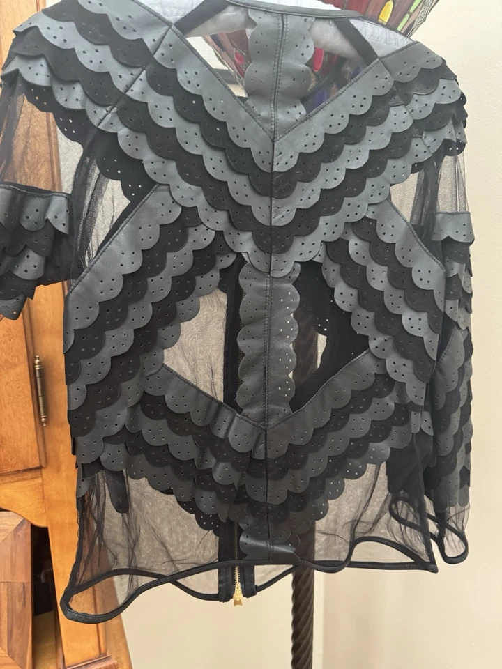 Robert Cavalli Cavalli Class Black  Leather Tulle Jacket It 44 - Image 3 of 4