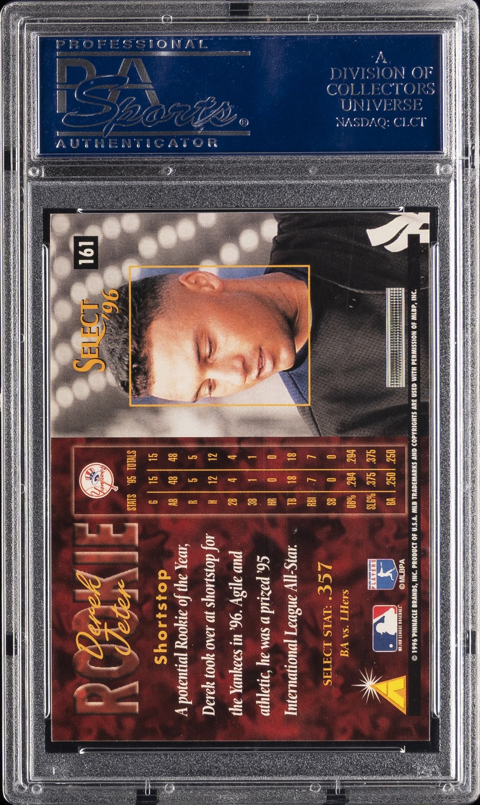1996 SELECT ARTIST'S PROOF #161 DEREK JETER ROOKIE RC PSA 10 view 2