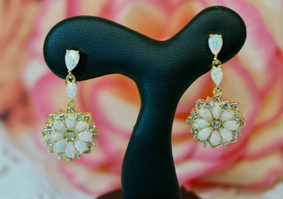 3.00CT Pear Cut Opal Lab Created Drop Dangle Cluster Earrings 14k Gold Plated - Image 4 of 4