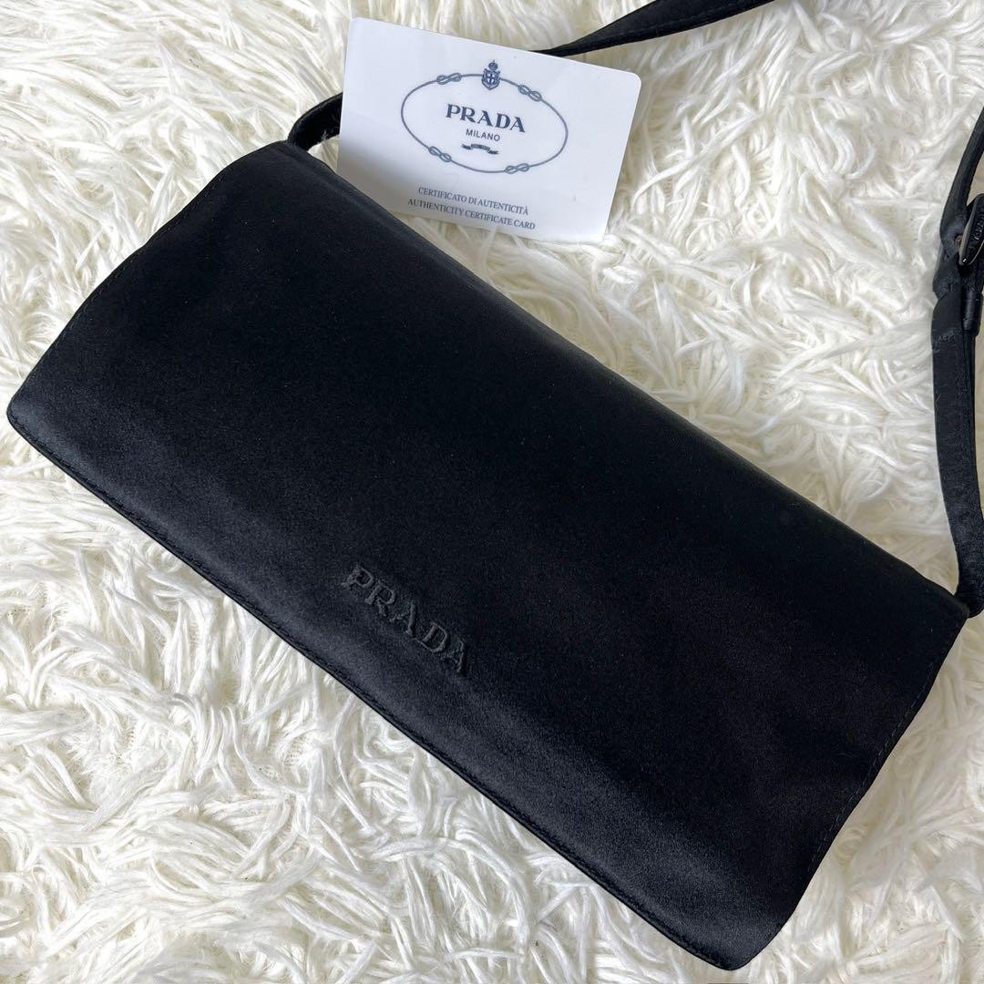 PRADA black satin shoulder bag with embroidered logo imported from Japan