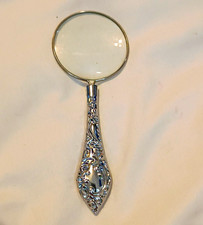 Ornate Silver Tone Handheld Magnifying Glass Loupe with Round Lens