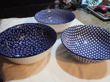 Emika Japanese Ceramic Rice Bowls Set of 3  Blue & White  8.25" Diameter