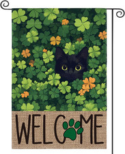St Patricks Day Decorations Black Cat Shamrock Welcome Garden Yard Flag 12"X18"