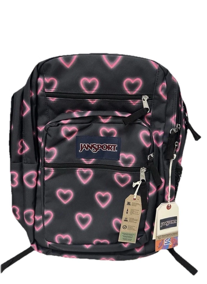 Jansport Black Backpack with Neon Pink Heart Print- New jansport backpack hearts products for sale | eBay main image 4