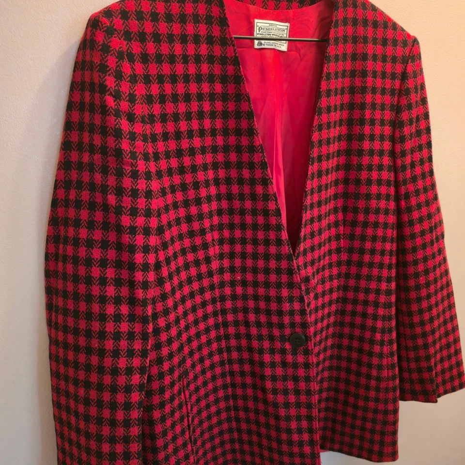 Vintage Miss Pendleton Womens Blazer Jacket Red Black Houndstooth Wool Size 12 - Image 2 of 4