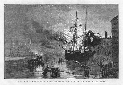 TRURO Cornwall Volunteer Fire Brigade at a Fire at the Quay - Antique Print 1873