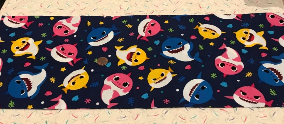 Baby Sharks (Blue Pink Yellow) on Blue *David Textiles * 100% Cotton * 8" x 21" - Image 3 of 4