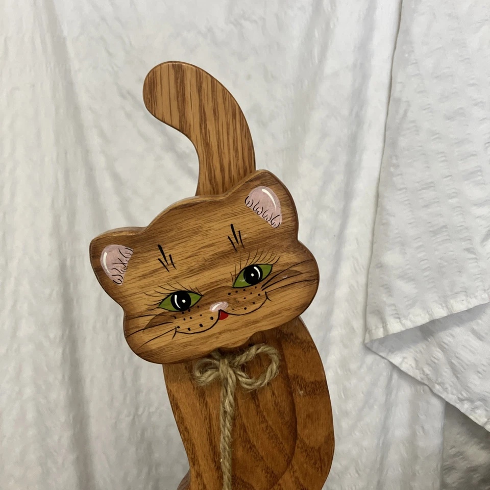 VTG Hand Made Wood Large Cat Feline Paper Towel Holder Folk Art - Image 2 of 4