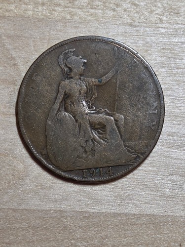 Great Britain 1 Penny coin, 1914. KM# 810, bronze. King George V. Britannia. - Picture 2 of 4