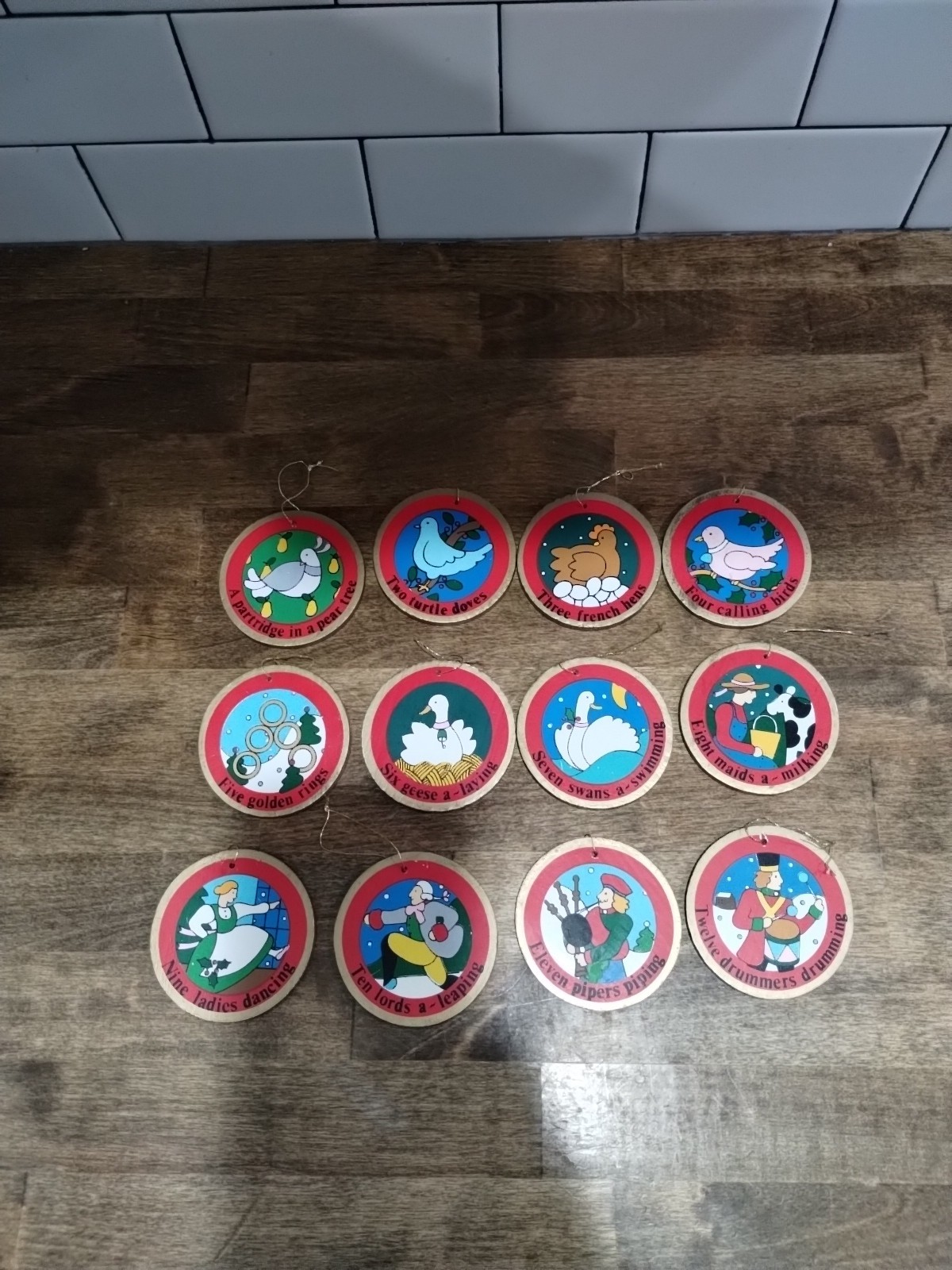 Vtg Lillian Vernon Painted Wood Set of 12 Days of Christmas Ornaments New Wooden