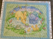 Vintage Handmade Little Pond Animals Blanket Quilt 47x37 Reversible Satin Trim