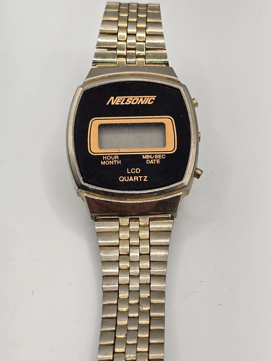 Vintage 80s NELSONIC Select LCD Quartz Silver Tone CALENDAR Watch