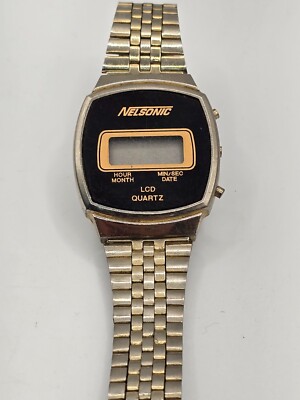 Vintage 80s NELSONIC Select LCD Quartz Silver Tone CALENDAR Watch