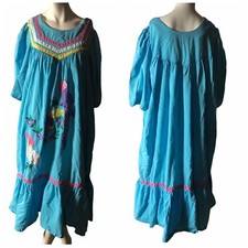 Vintage 70s Dress Womens size Large Parrot Bird Party Kitsch Patio Blue Maxi