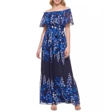 Eliza J Womens Dress Size 14 Blue Floral Print Off Shoulder Maxi NO BELT New