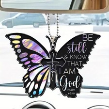 Butterfly Moon Pendant Car Rearview Mirror  Ornament Faith Cross Key Chain Black