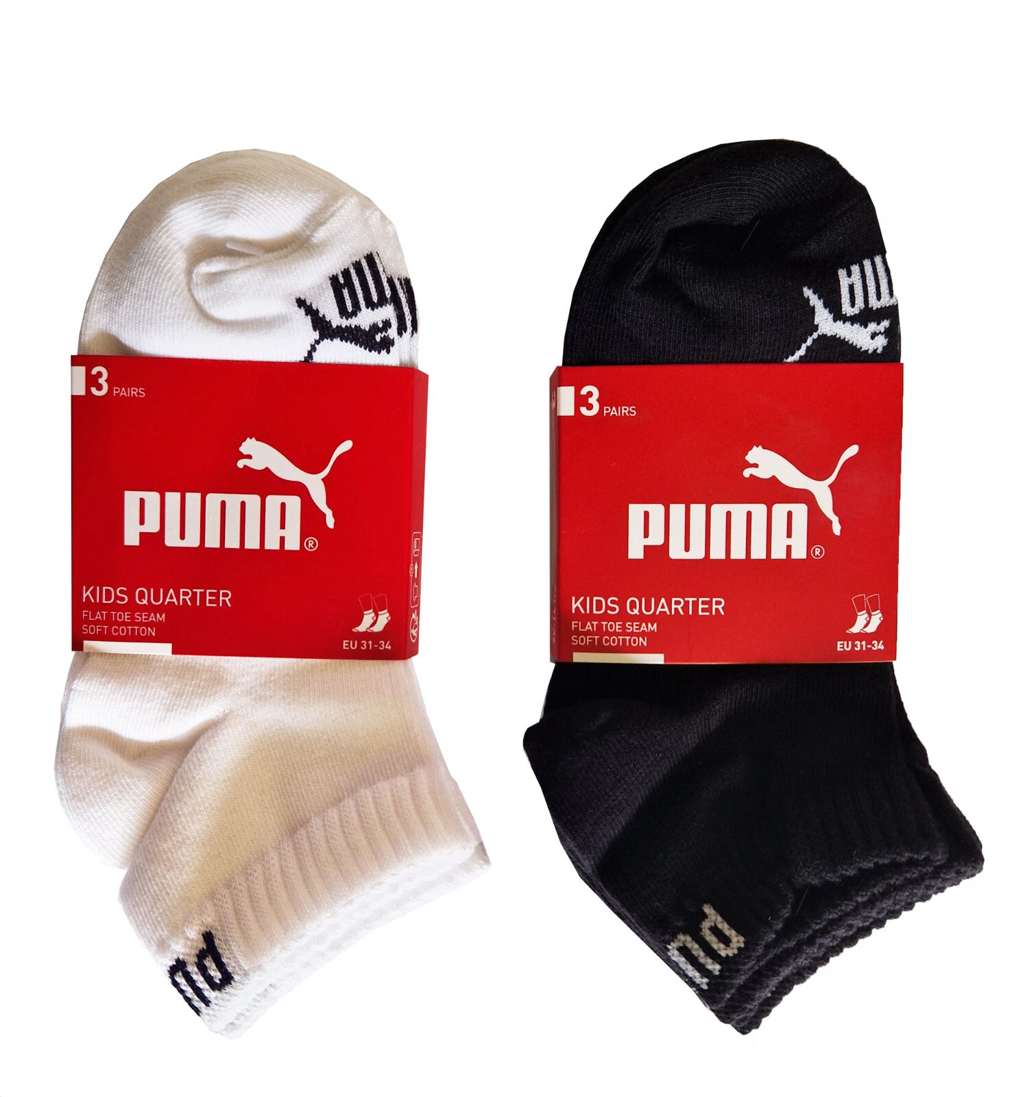 Calze Puma Ragazzi Ragazze Bambini 3 Paia Quarto Caviglia Sport Nero o Bianco Nuovissime