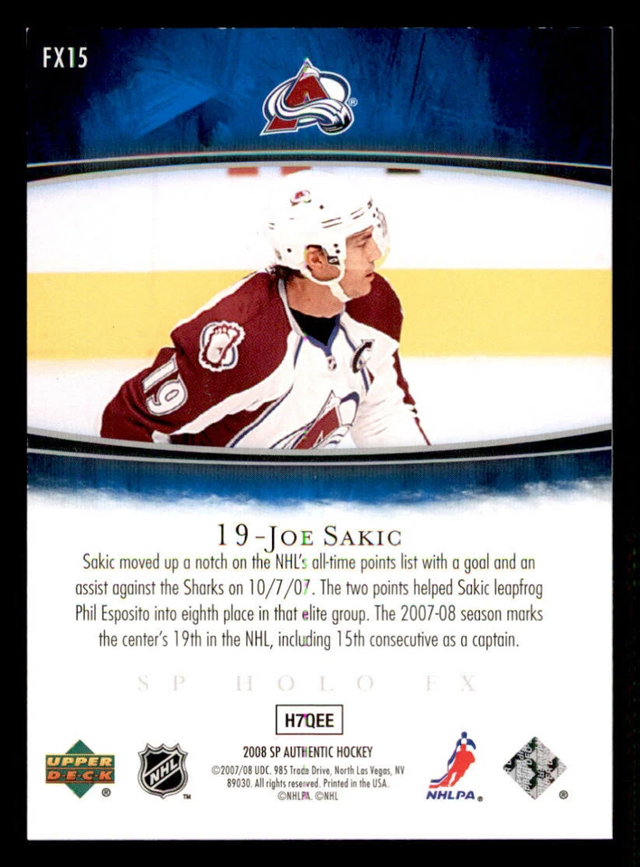 2007-08 SP Authentic Holoview FX #FX15 Joe Sakic (ref 239626) - Image 2 of 2