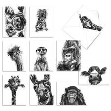 10 Pack All Occasion Blank Note Cards - Charcoal Animals