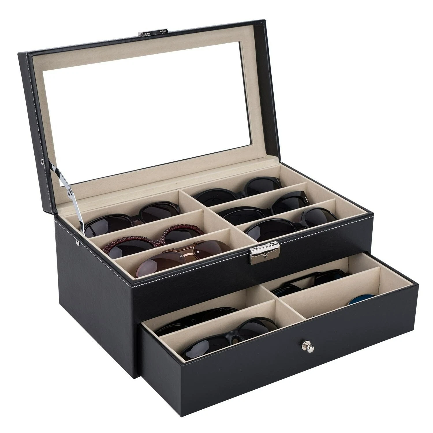 New Leather 12 Piece Eyeglasses Storage and Sunglasses Display Drawer Lockable