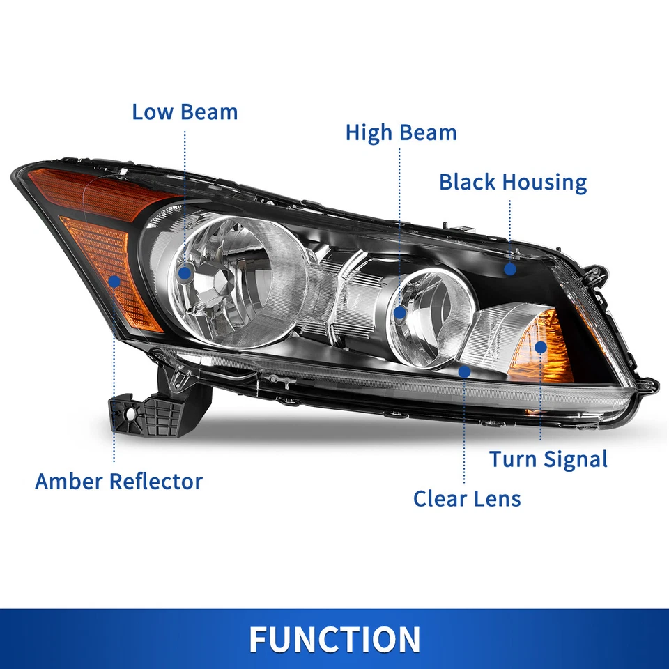 适用于 2008 - 2012 年本田雅阁 4 门轿车头灯黑色外壳琥珀色前照灯 — 第 4/4 张图片