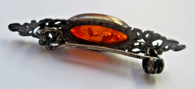 Broche Ancienne En Argent Massif Avec Ambre Véritable - Bijou Vintage, Parfait état Ancien