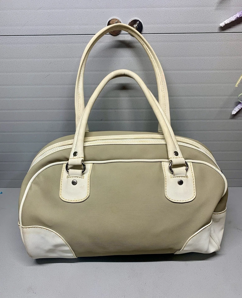 Authentic Vintage LACOSTE Boston Bag Handbag White/Khaki Medium - Image 2 of 4