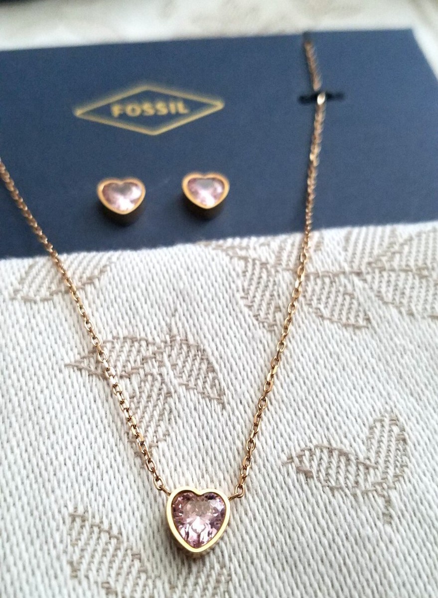 Fossil Jewelry Set Pink Crystal Heart Necklace Earrings Rose Gold