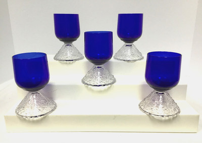 Cambridge Rose Point Cobalt Pressed Glass Cocktail 4  Cordial Glasses Set of 5